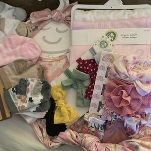 Baby Girl Lot swaddle blankets headbands socks mittens